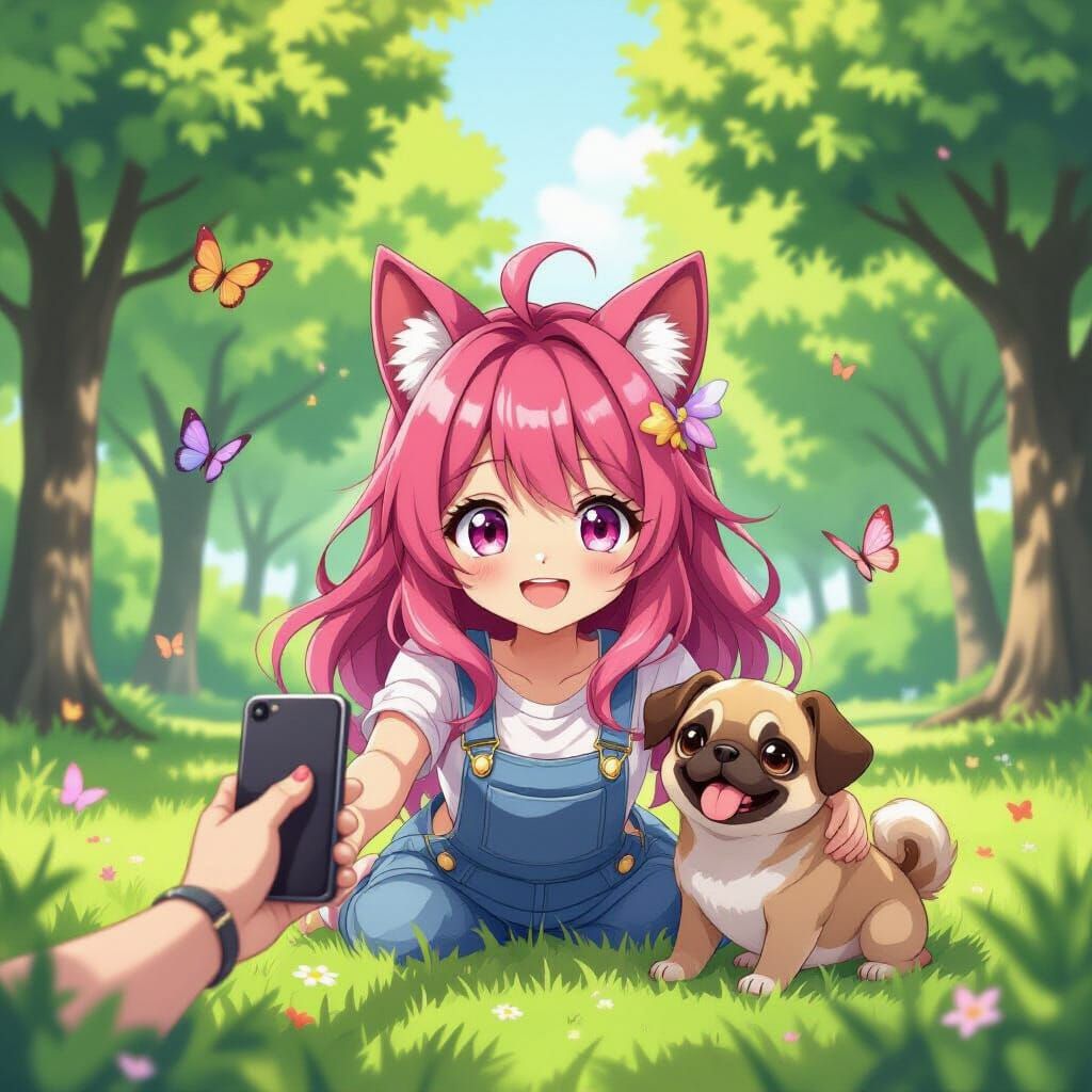 Anime Girl with Puppy Selfie in Lush Park