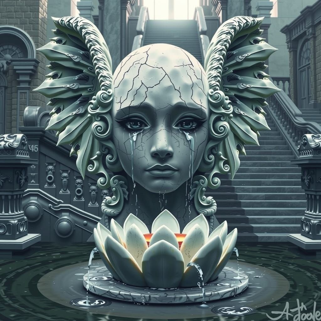 Weeping Angel Stone Fountain in Graffiti Art Style