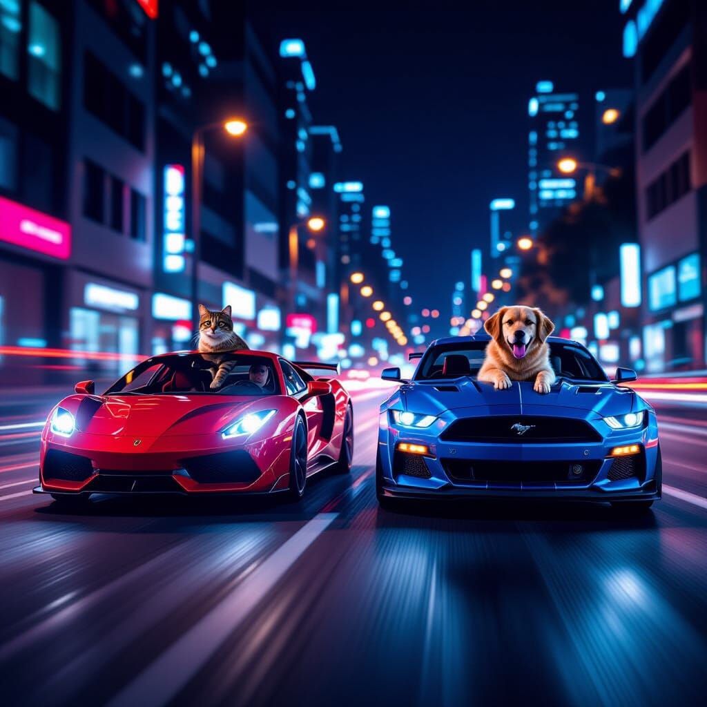 Cat and Dog Street Race in Sports Cars at Night