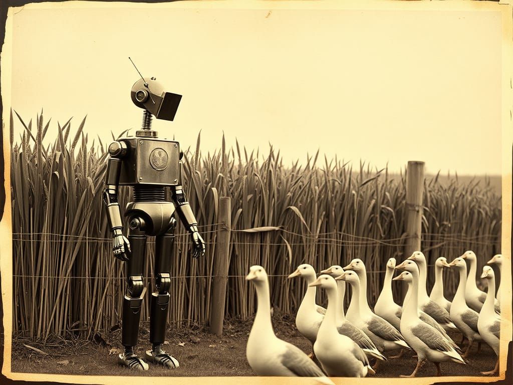Vintage Folkloric Robots by a Reed Fence with Geese