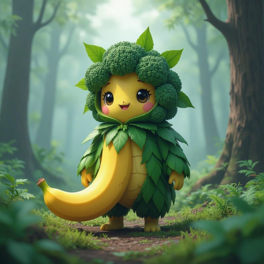 Banana Broccoli Creature in German Forest, 3D Anime