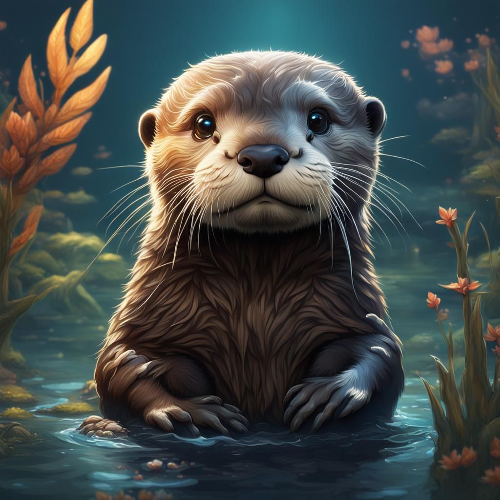 Adorable Otter Pup with Mother: Detailed Fantasy Art