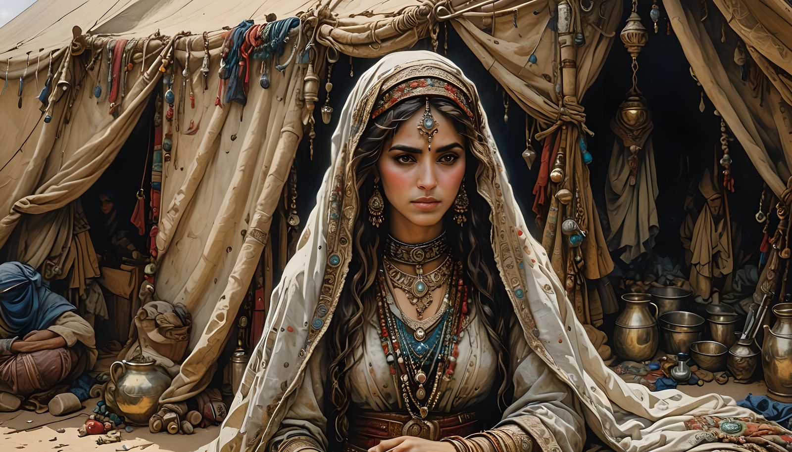 Arab Bride in Desert Tent, Arthur Rackham Style