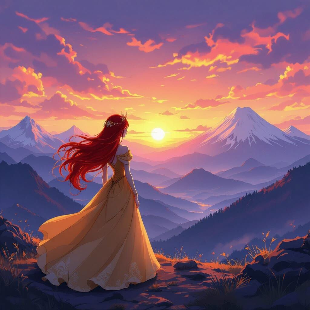 Elegant Princess Watching Fiery Mountain Sunset