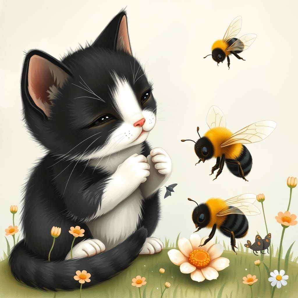 Whimsical Black and White Kittie Plays with a Busy Bumblebee