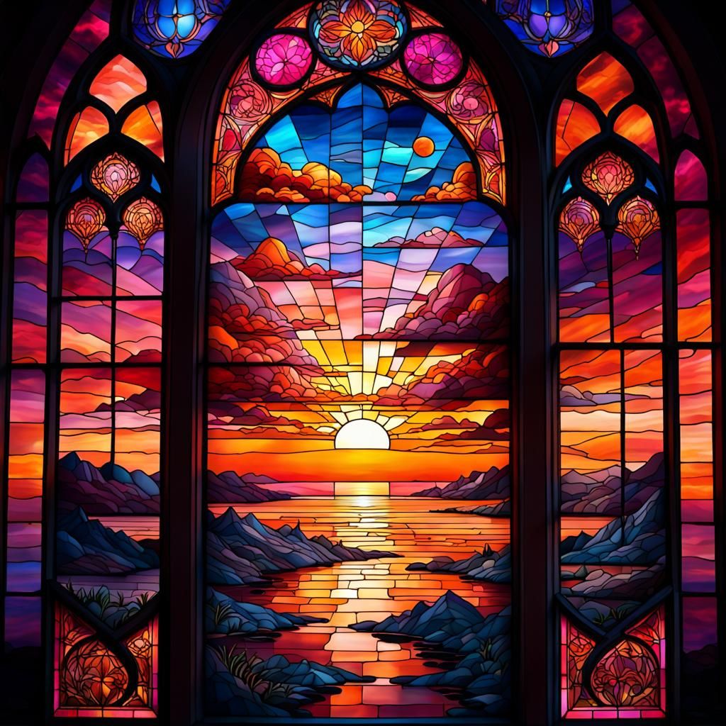 Stained Glass Sunset Window in Orange and Pink