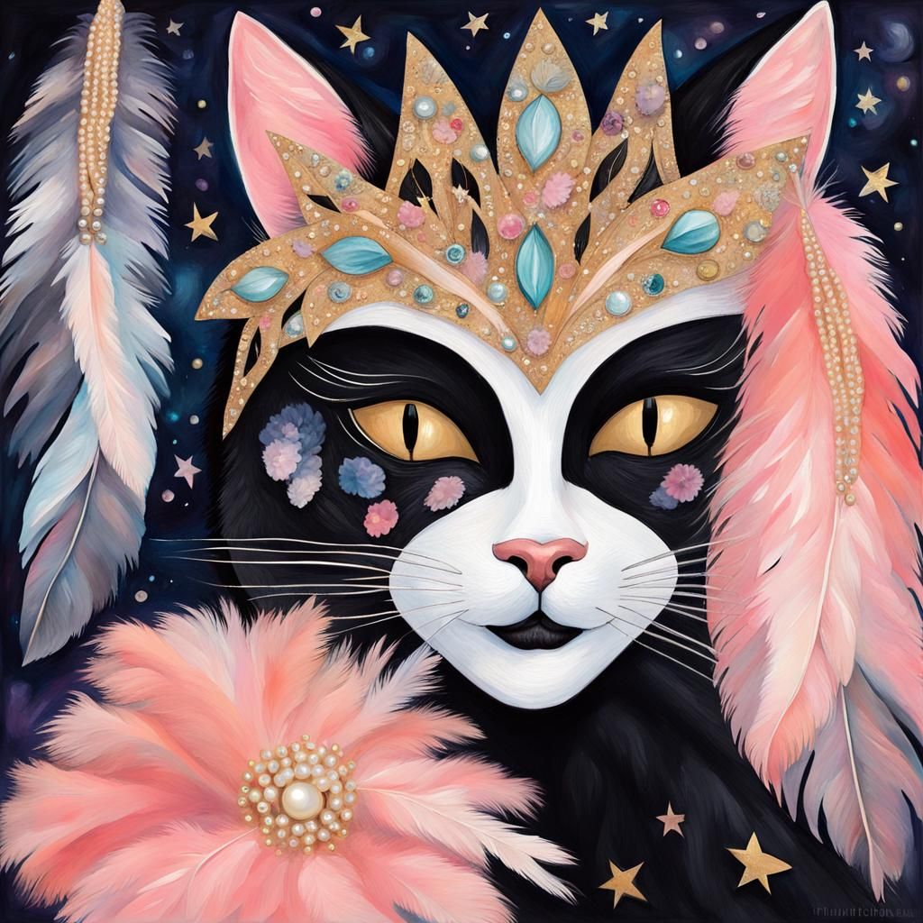Cat Masquerade Ball in Gouache Watercolor Style
