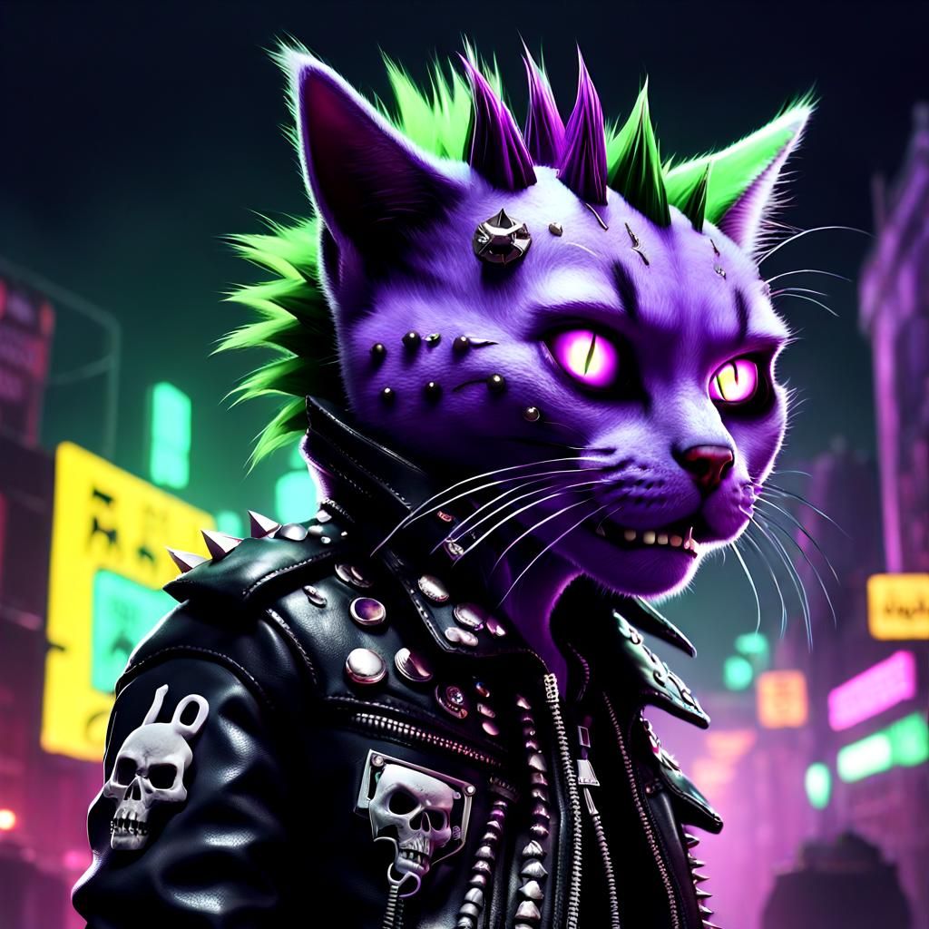 Creepy-cute Cat, wearing Punk Rock Outfit. scary smile. spik...
