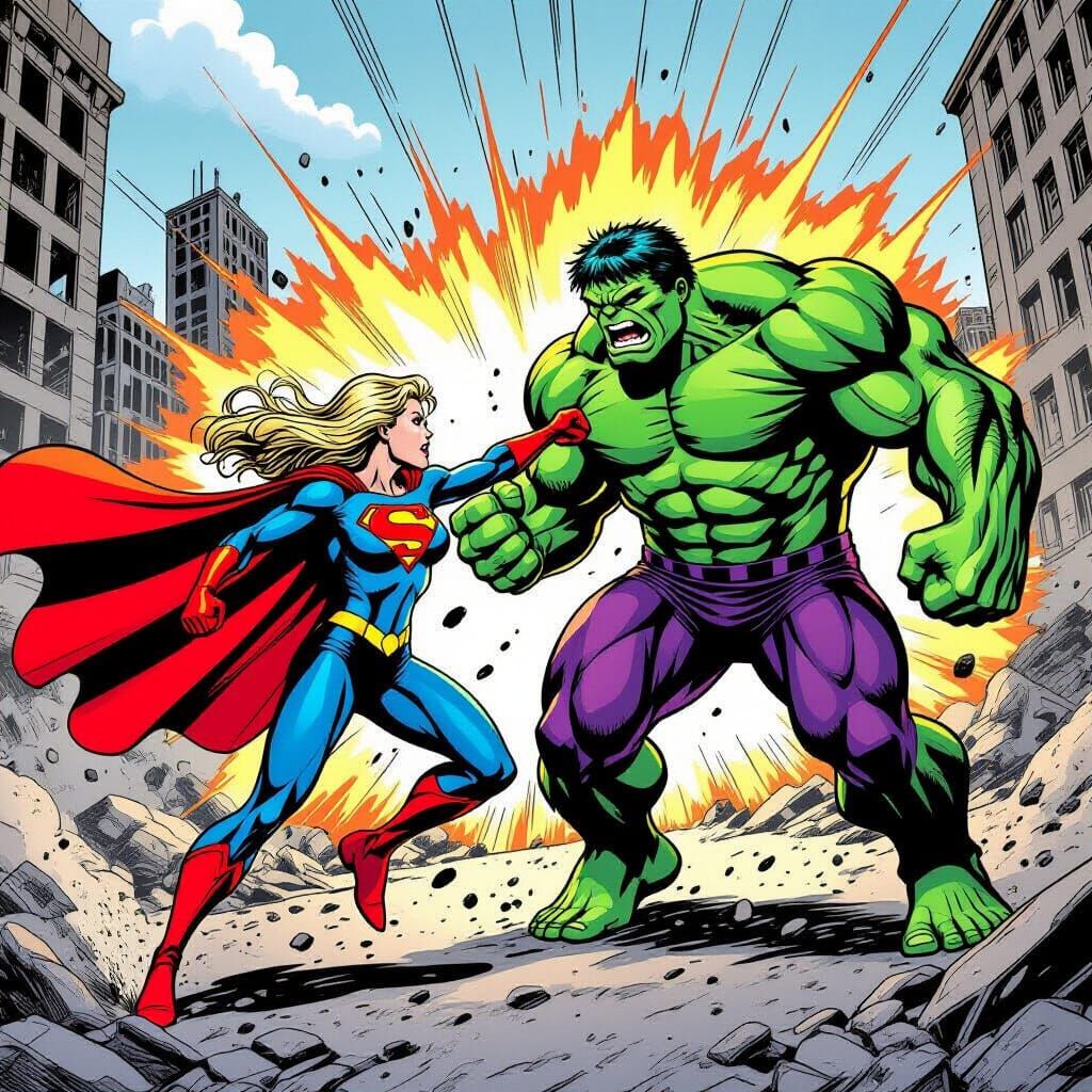 Supergirl Fights Hulk in Comic Book Style