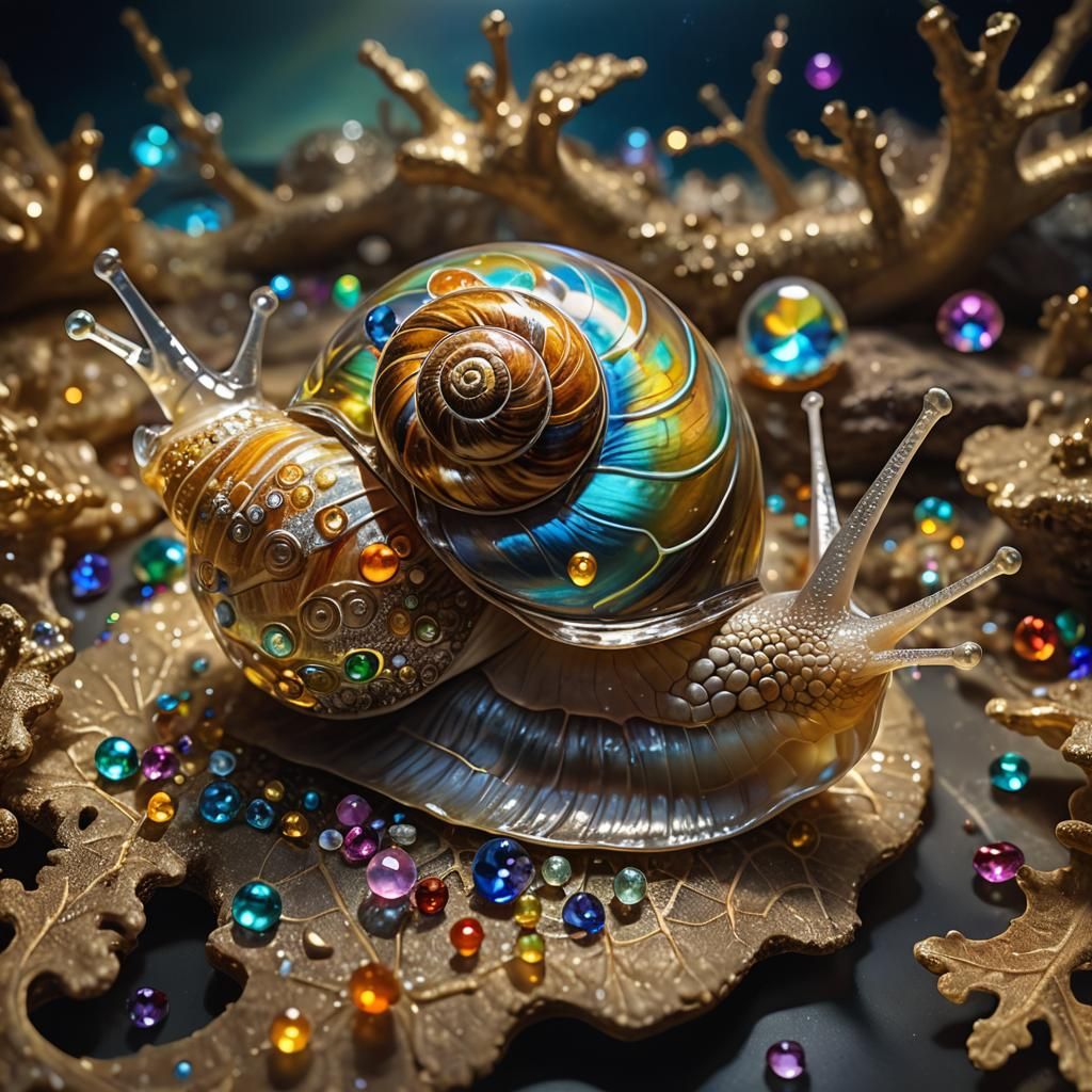 Surreal Snail with Gem Shell, Prismatic Oil Painting