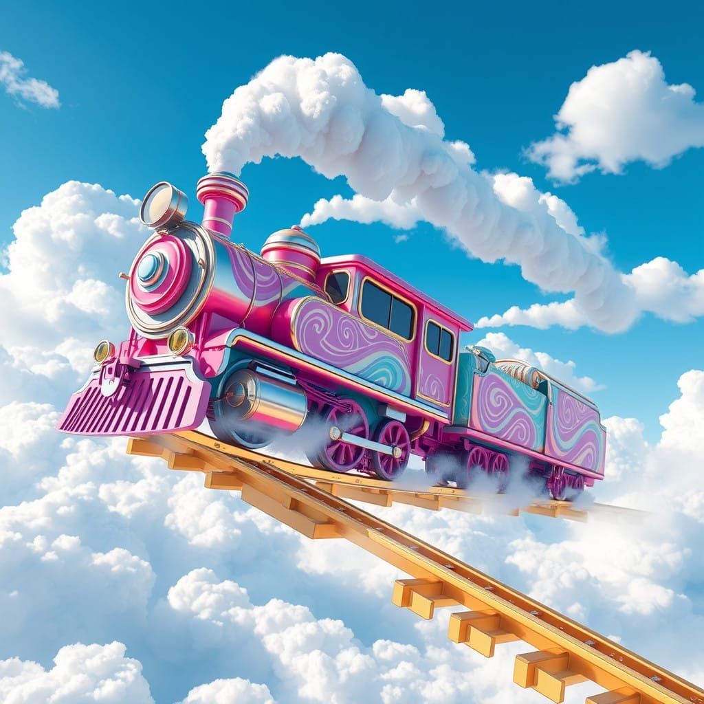 Whimsical Train Soars Through the Air, Surrounded by Swirly....