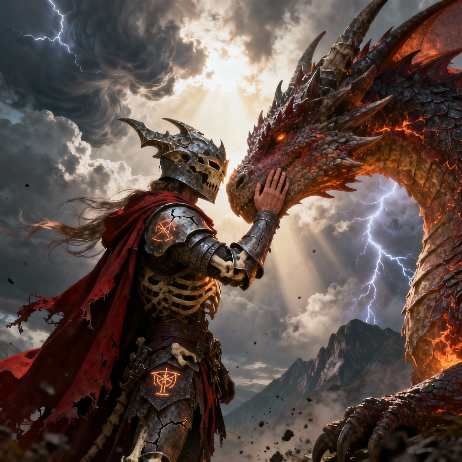 Epic Dragon Rider Knight in Bone Armor with Crimson Cloak