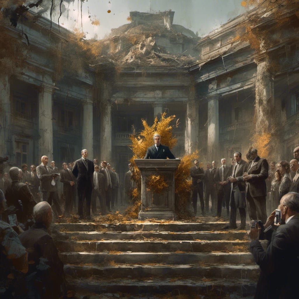 Dictator's Press Conference in Bombed Palace Courtyard