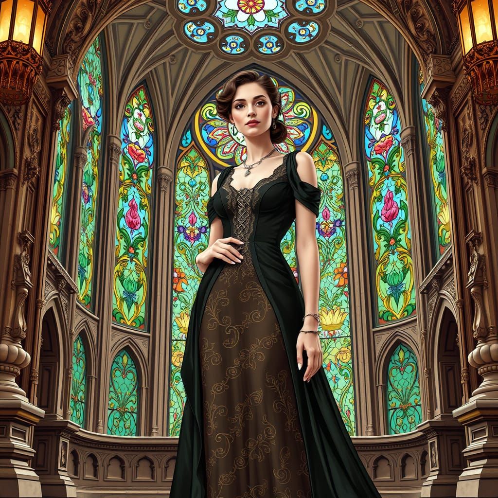 Victorian Woman in Ornate Hall Art Nouveau Style
