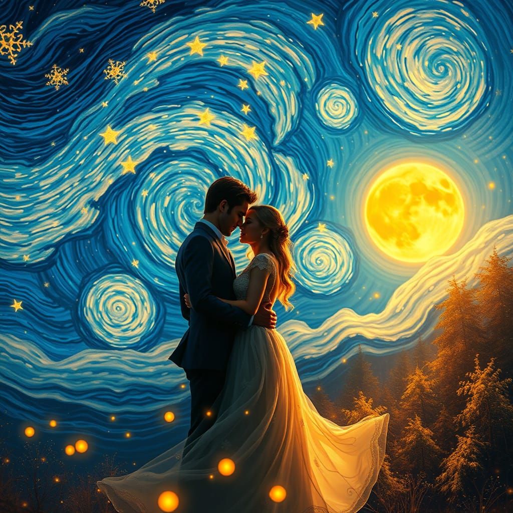 Couple Embracing Under a Dreamlike Starry Sky