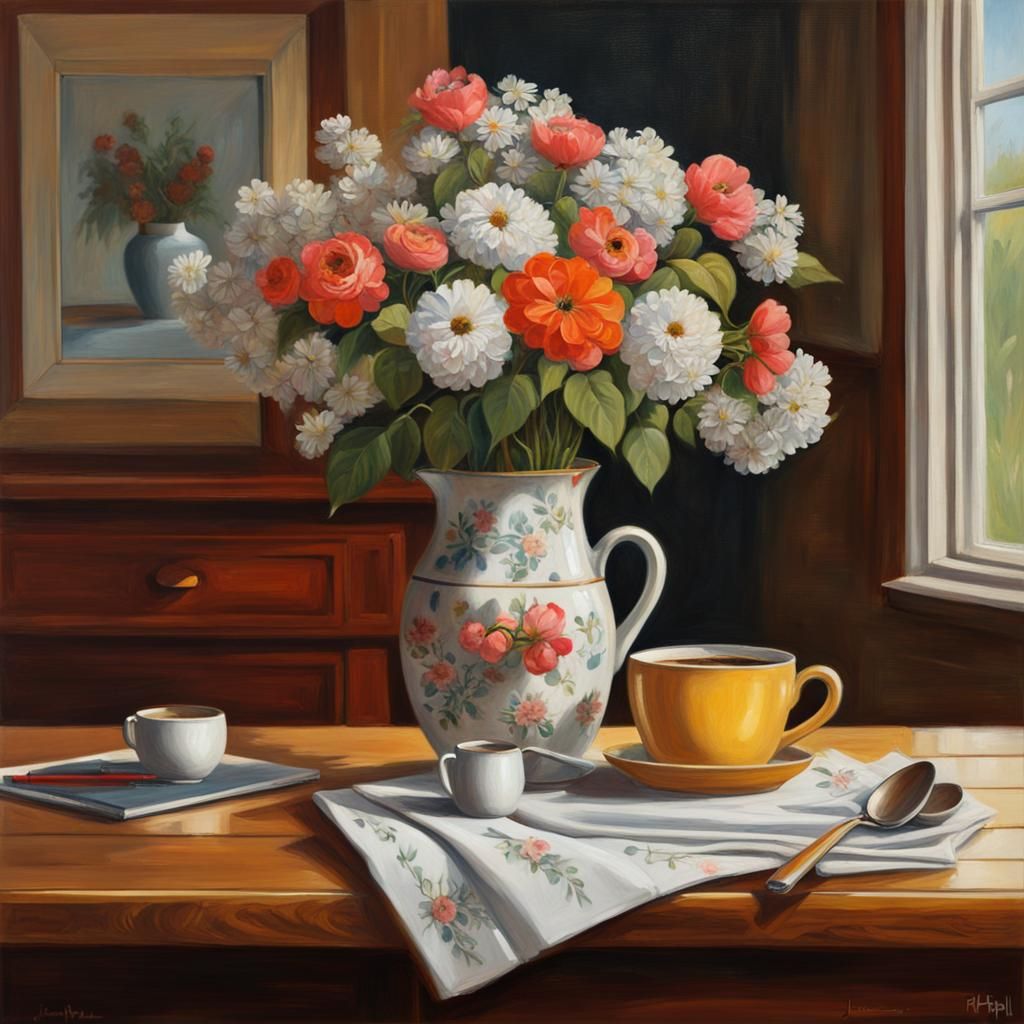Girl with Coffee and Flowers: Photorealistic Oil Painting