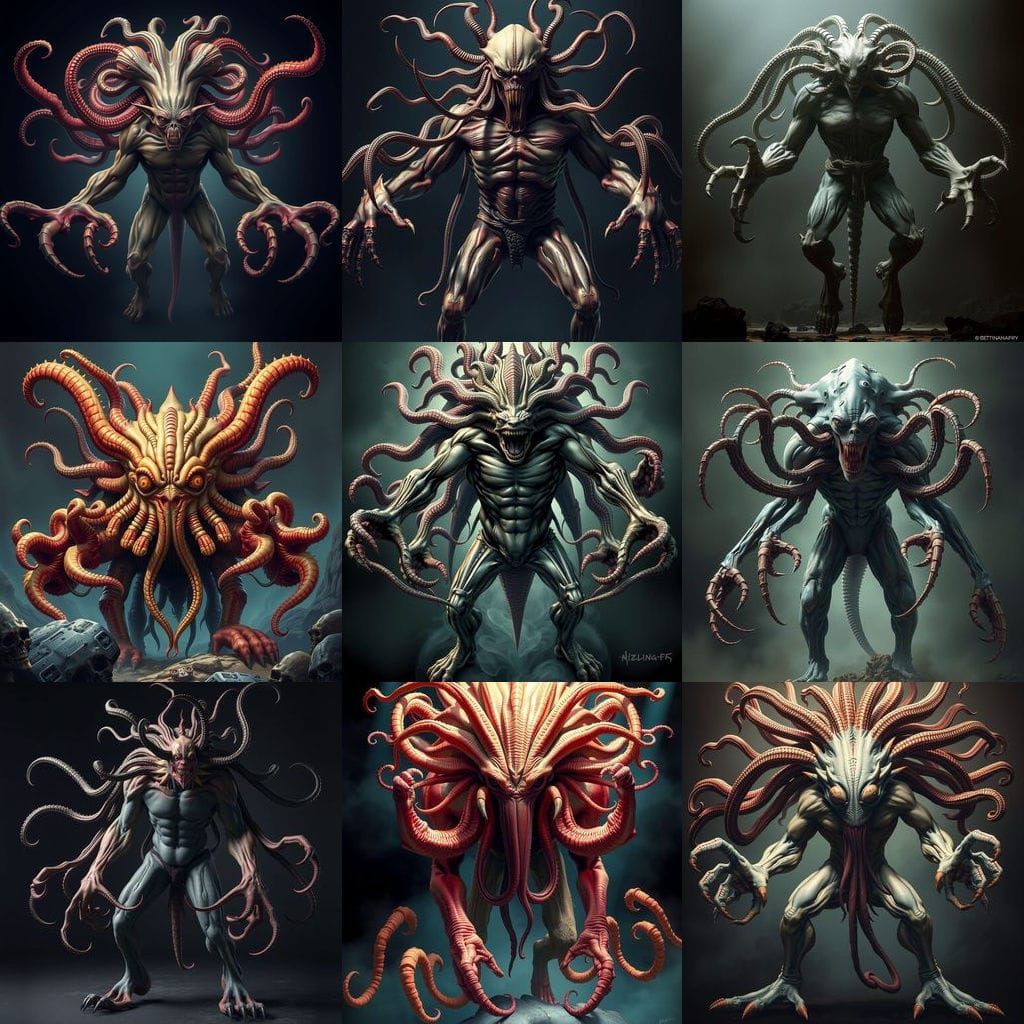 Bizarre Multi-Limbed Creature with Tentacle Hair