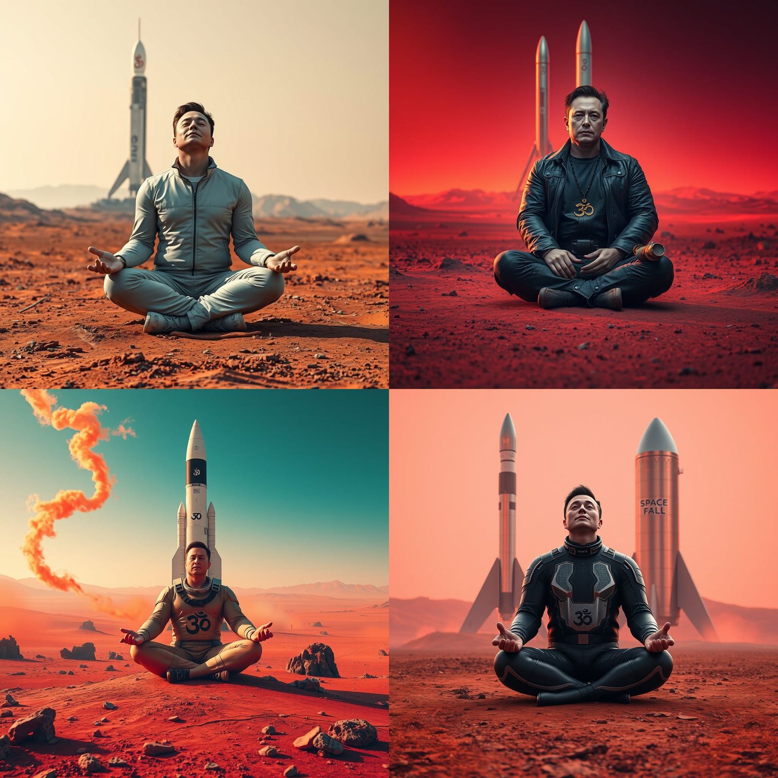 SpaceX Rocket on Mars with Meditating Figure