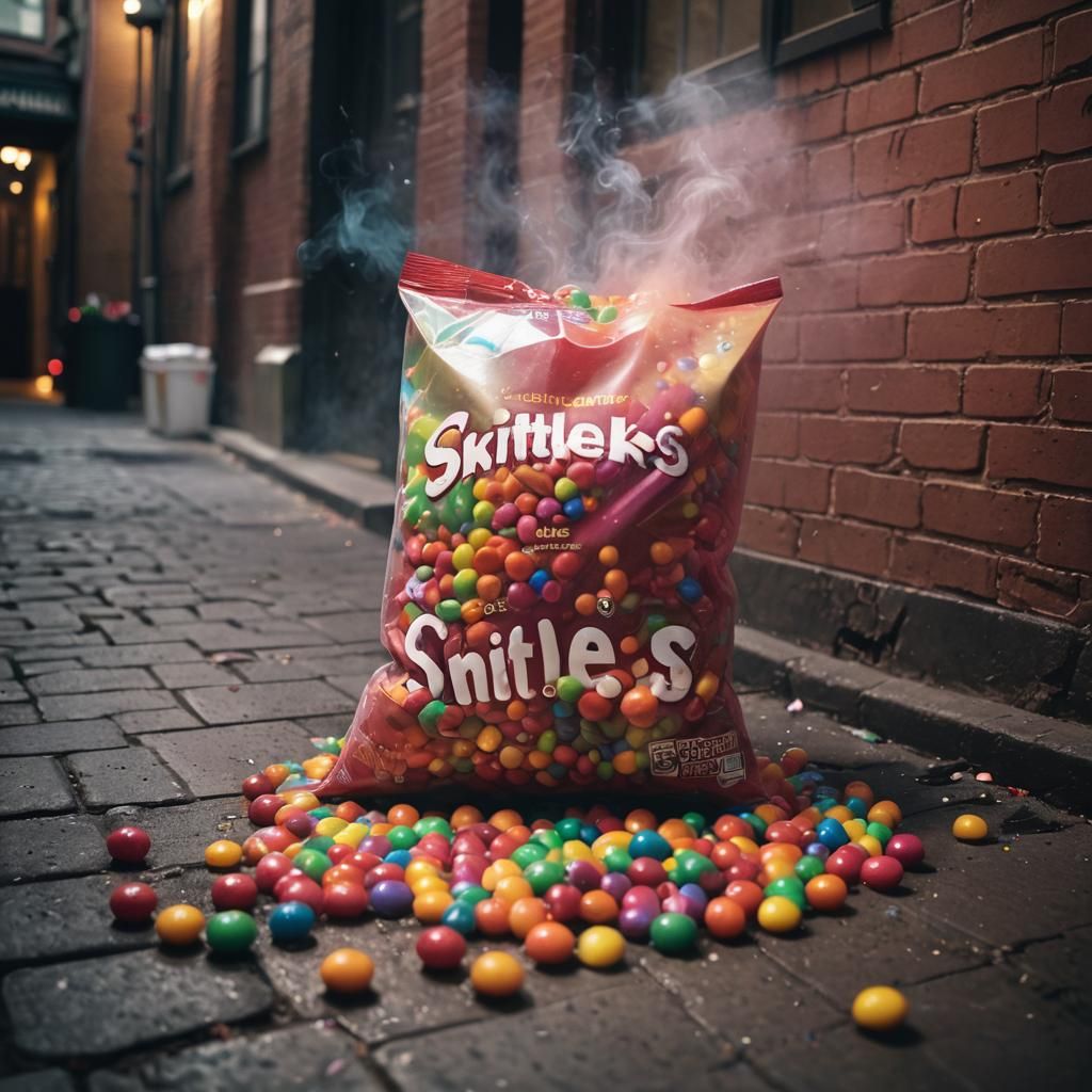 Dramatic Skittles Spill in Smoky Alleyway
