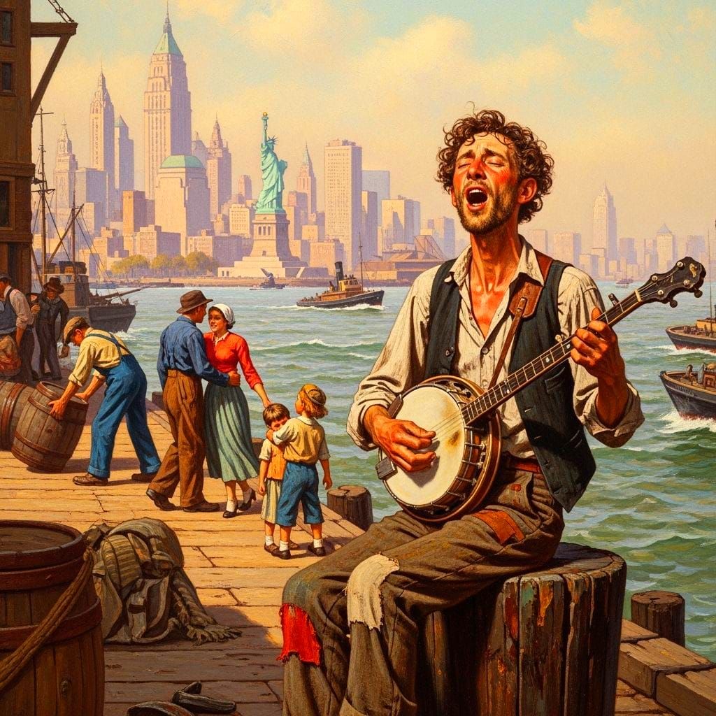 New York Waterfront Scene in Rockwell Style