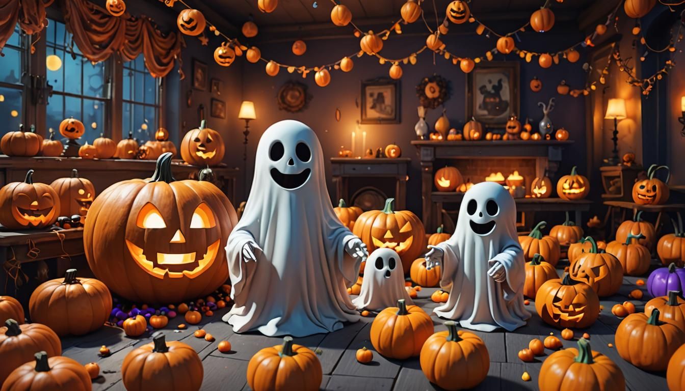 Cute Ghost Plays with Pumpkins: 3D Digital Art