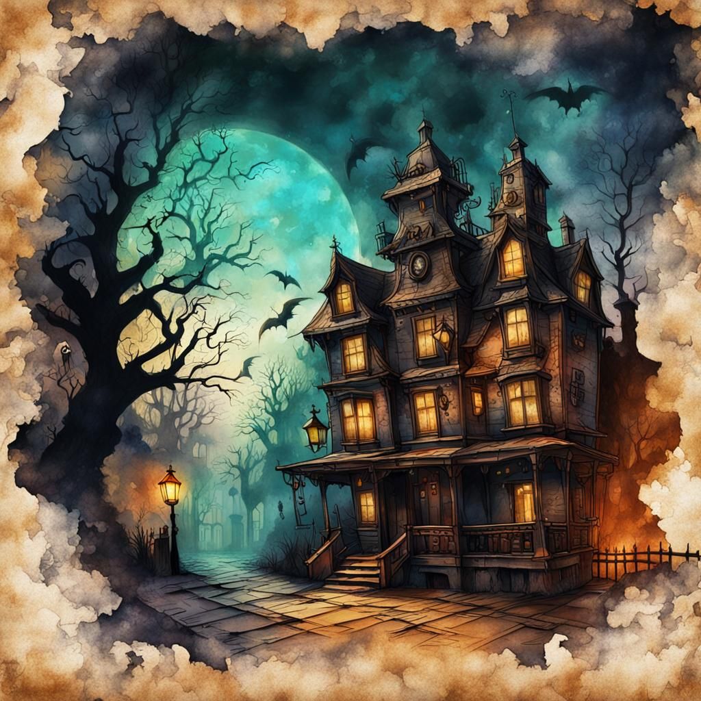 Haunted House in Steampunk Ink Painting Style