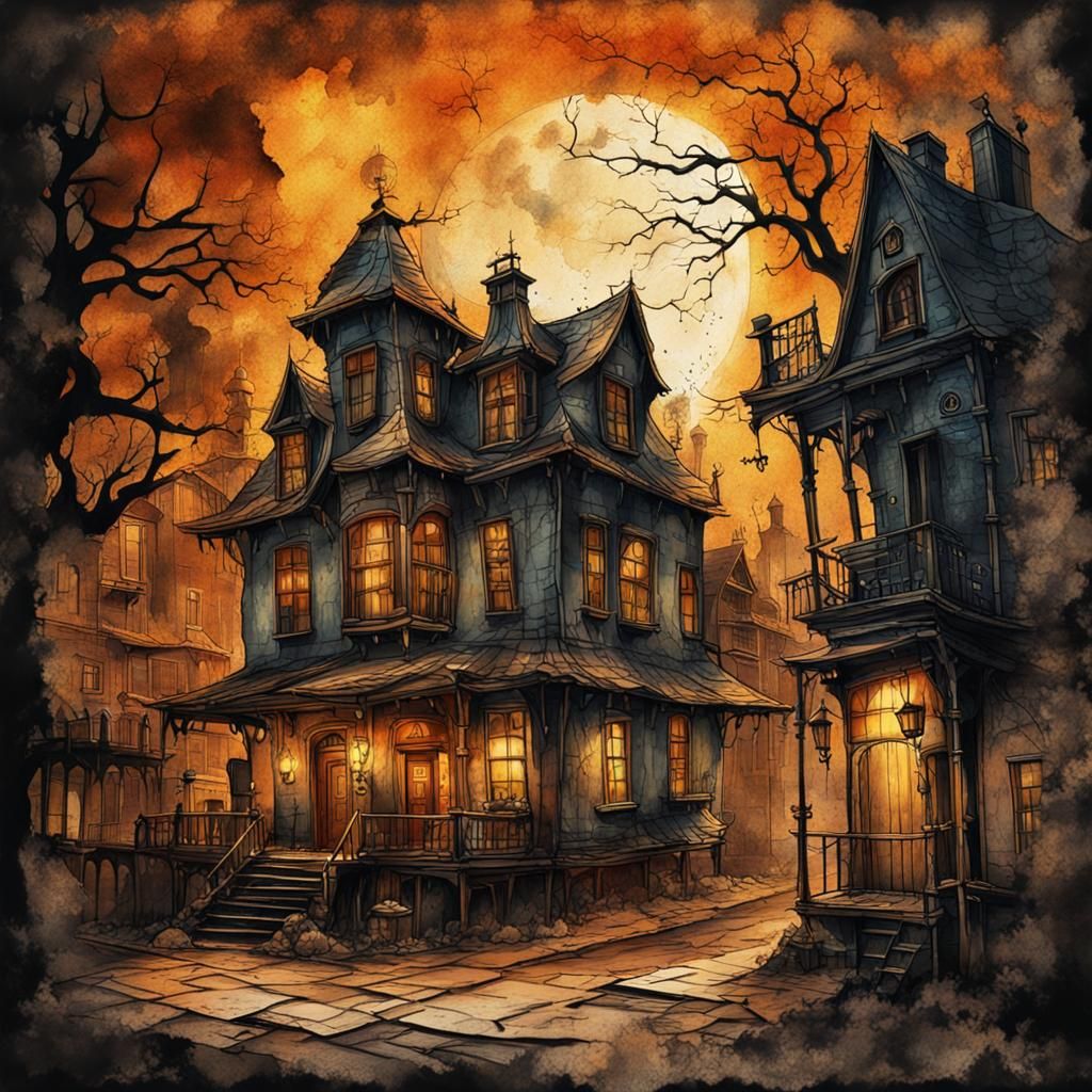 Steampunk Haunted House Ink Painting