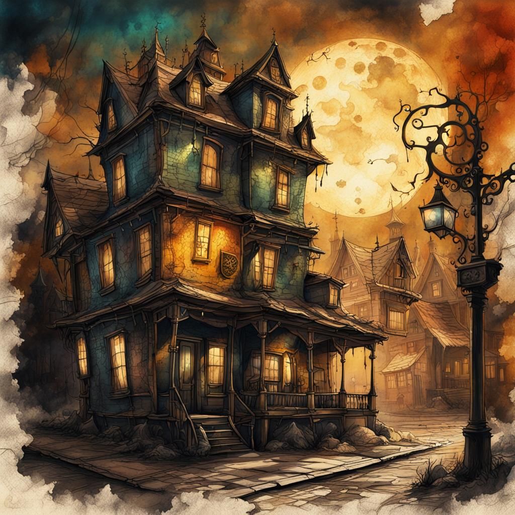 Steampunk Haunted House Ink Painting