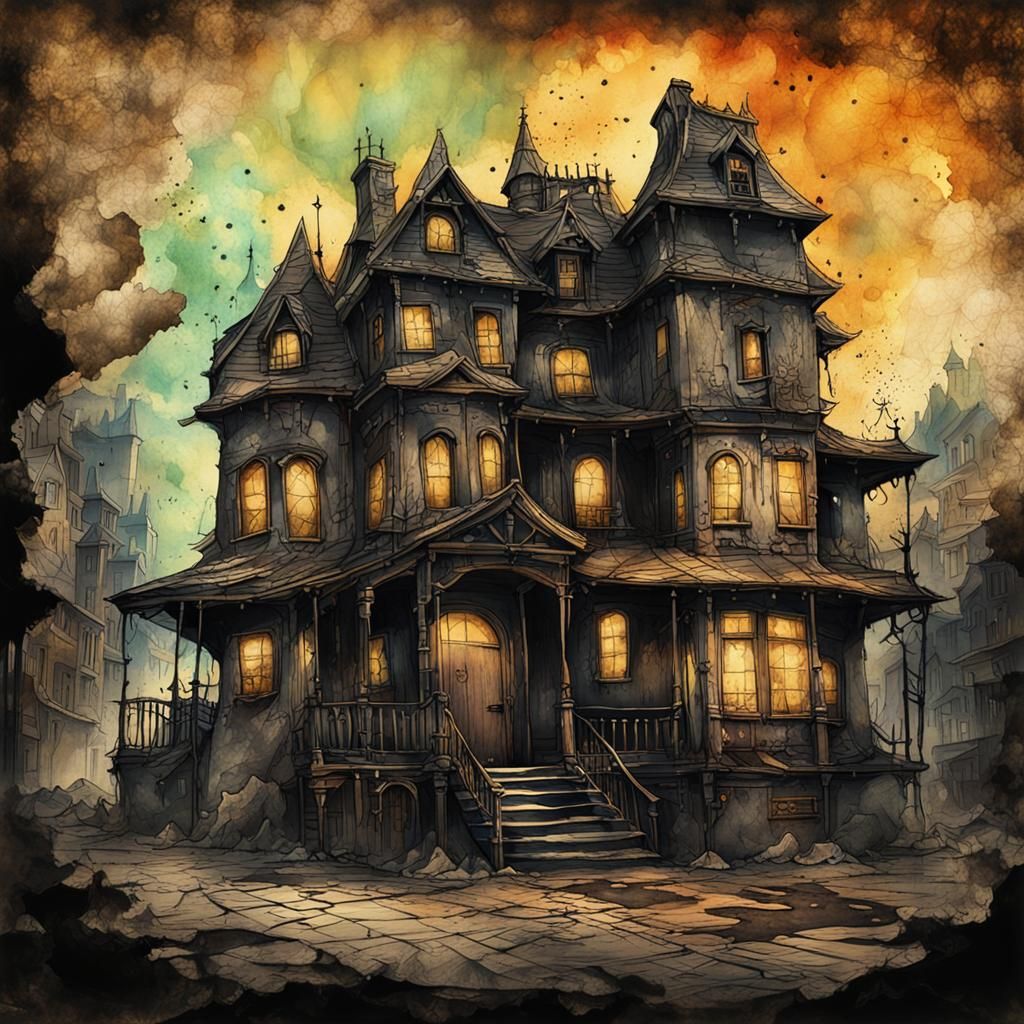 Steampunk Haunted House in Ink Painting Style