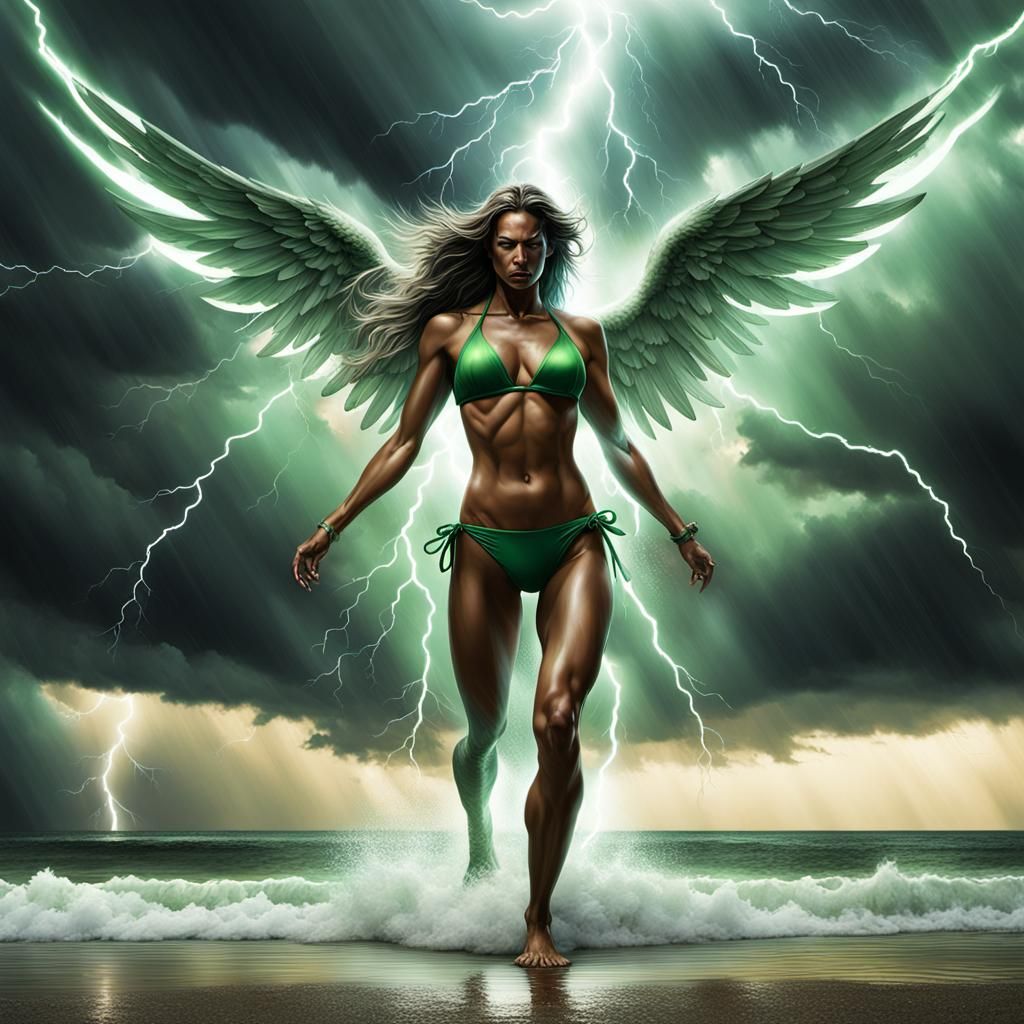 Angelic Figure in Beach Lightning Storm, Hyperrealistic Art