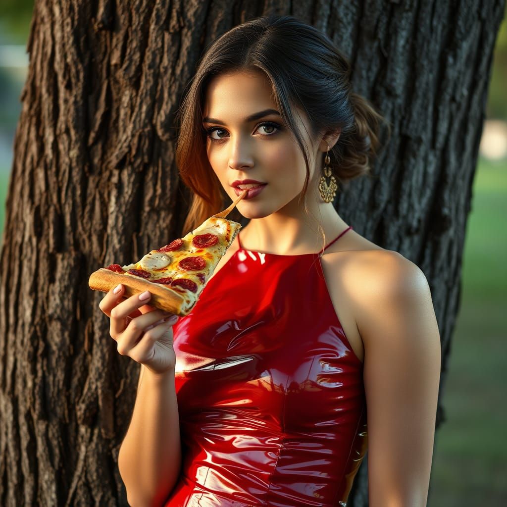 Hyperrealistic Woman in Latex Dress Eating Pizza
