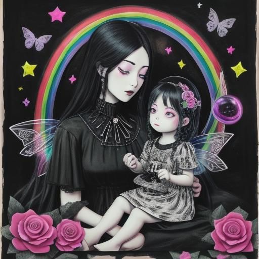 Gothic Mother and Child Crayon Drawing in Surreal Style