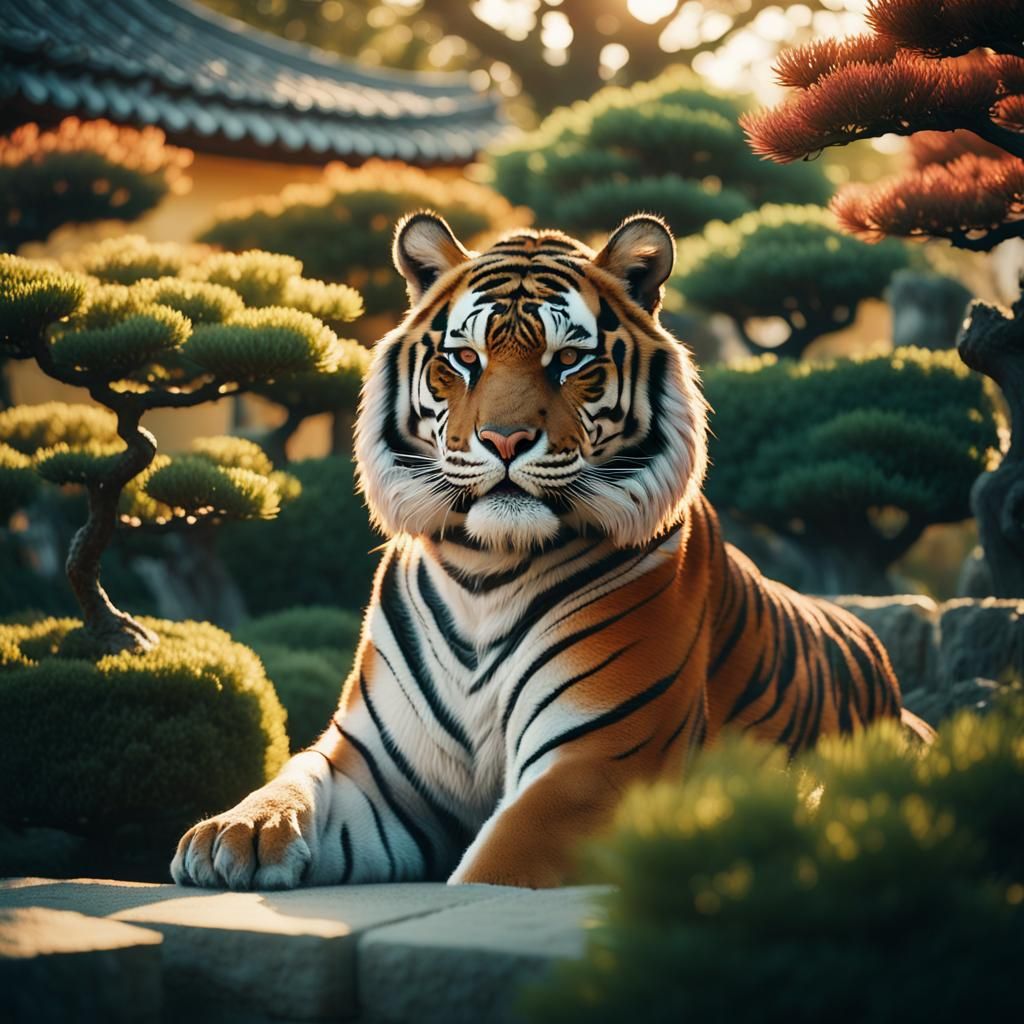 Tiger Emperor in Bonsai Garden, Cinematic Still