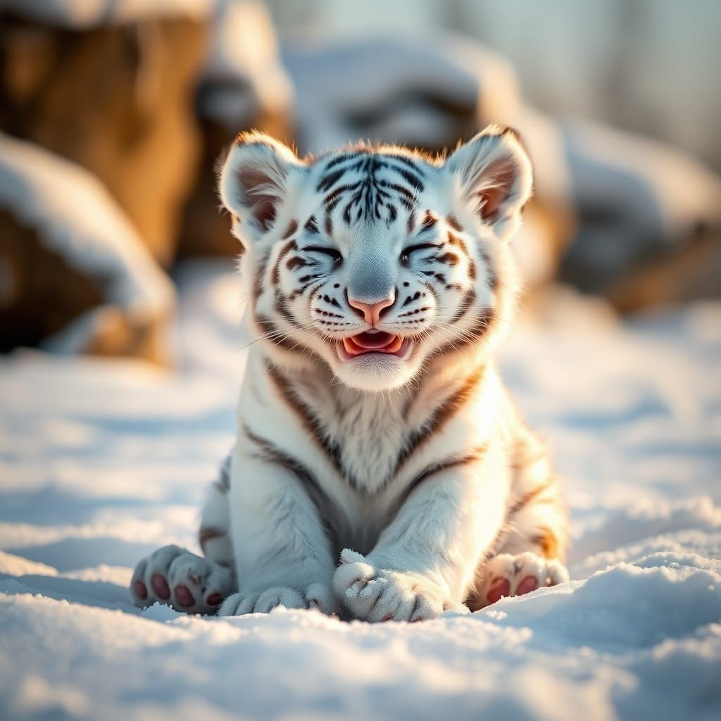 Adorable White Tiger Cub in Snowy Wonderland