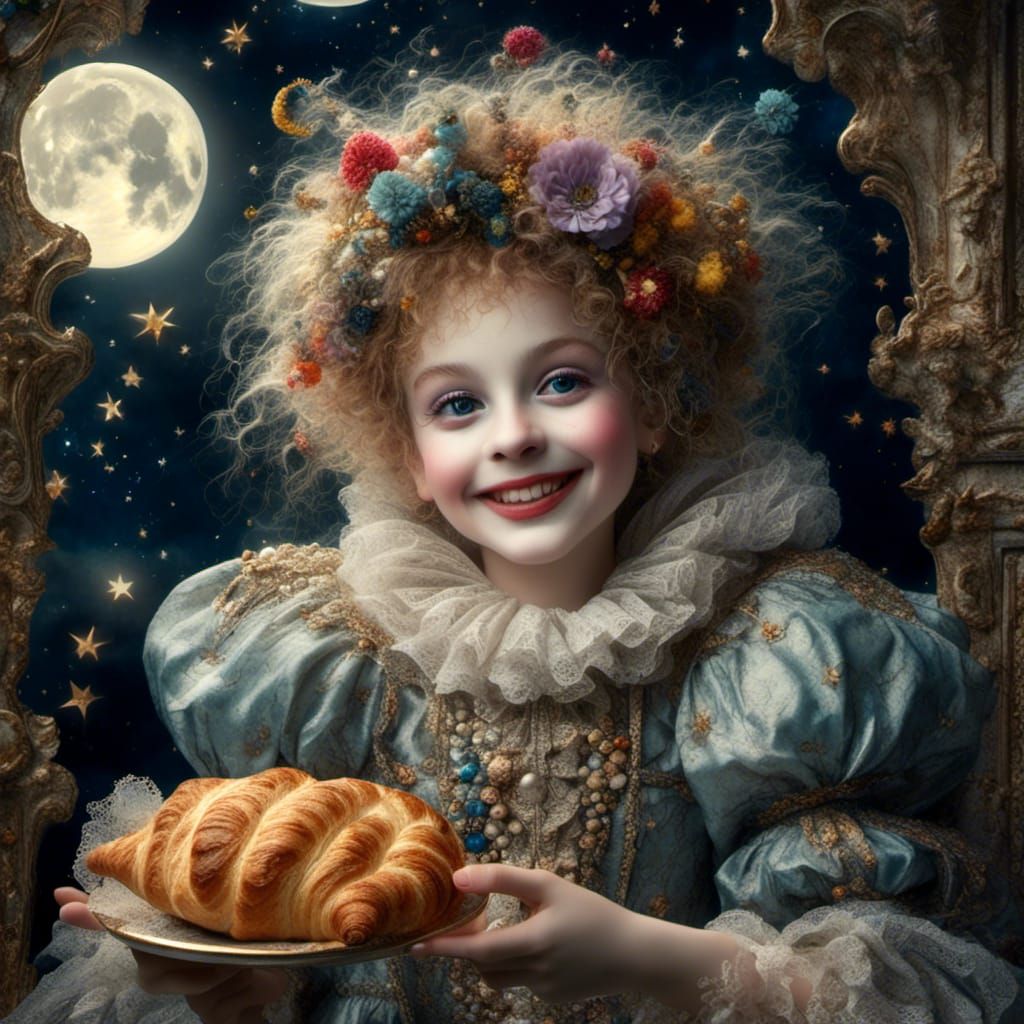 Pierrot, Colombine, and Arlequin at Crescent Moon