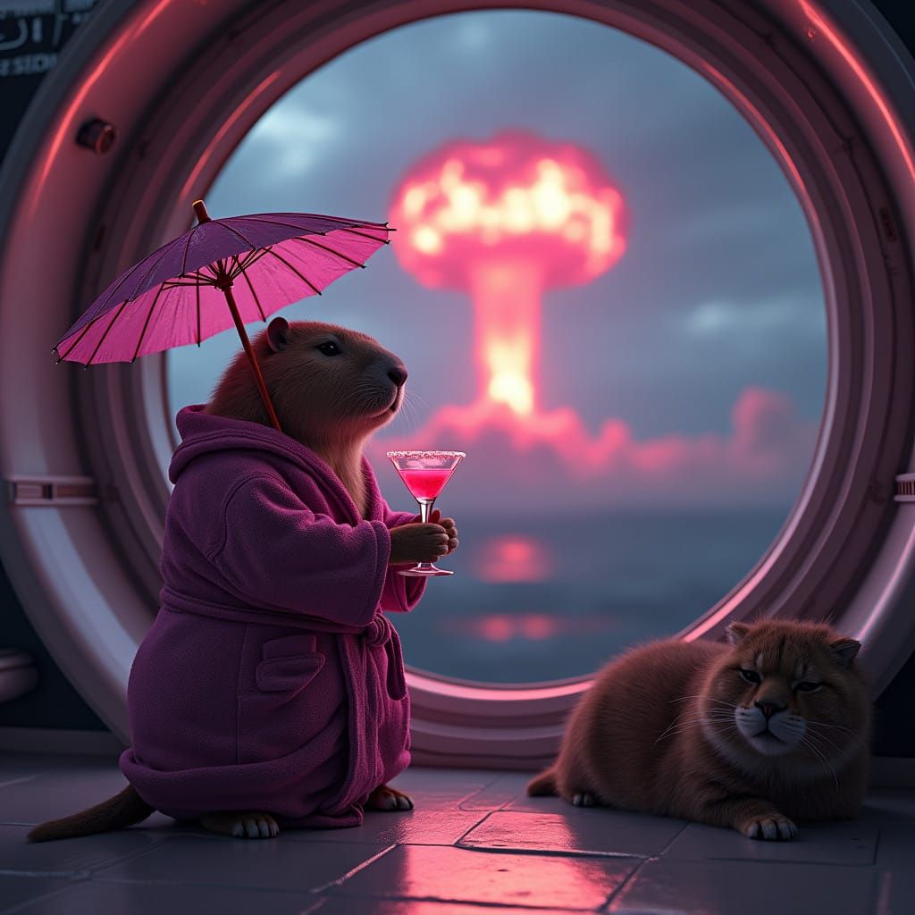 Capybara Contemplates Nuclear Fallout in Futuristic Abode