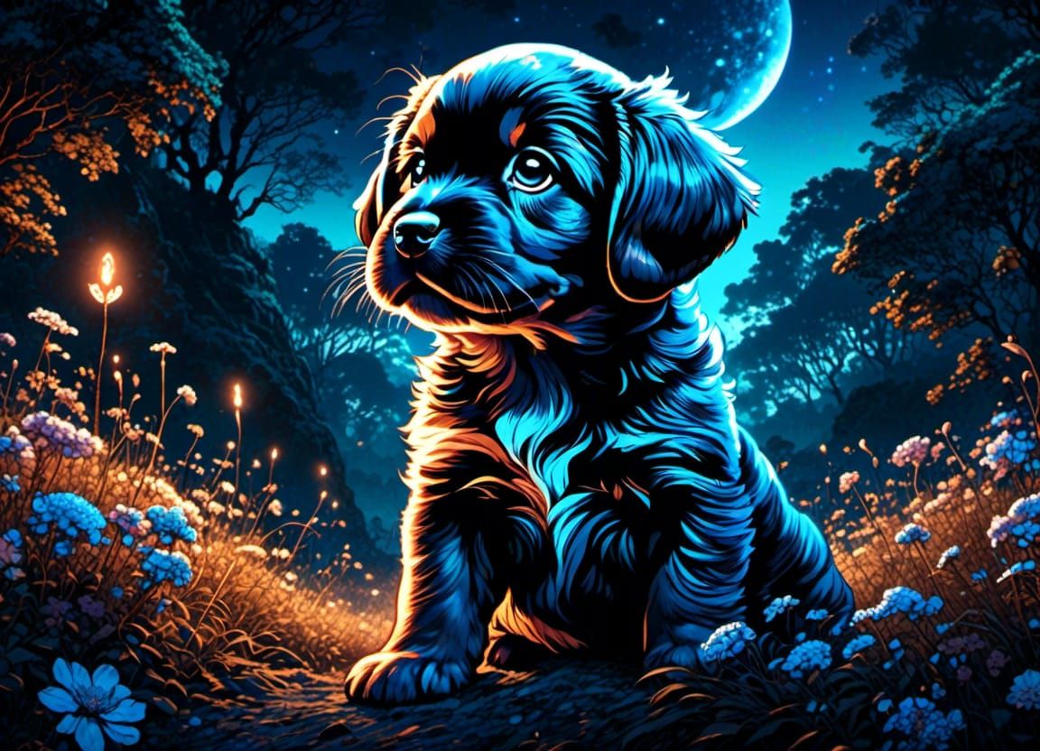 Magical Blue Bioluminescent Puppy Portrait in Gothic Comicbo...
