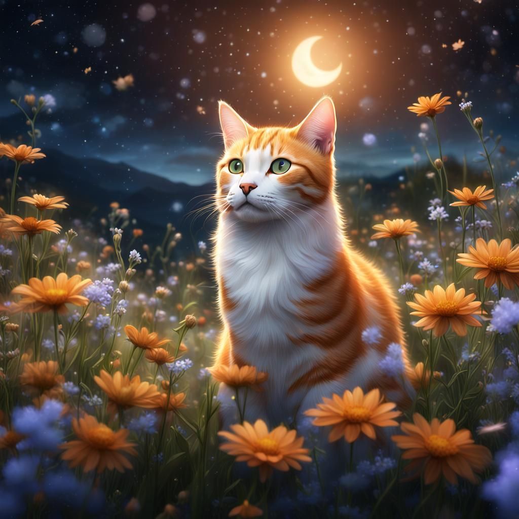 Orange Tabby Cat in Wildflower Meadow, Digital Art