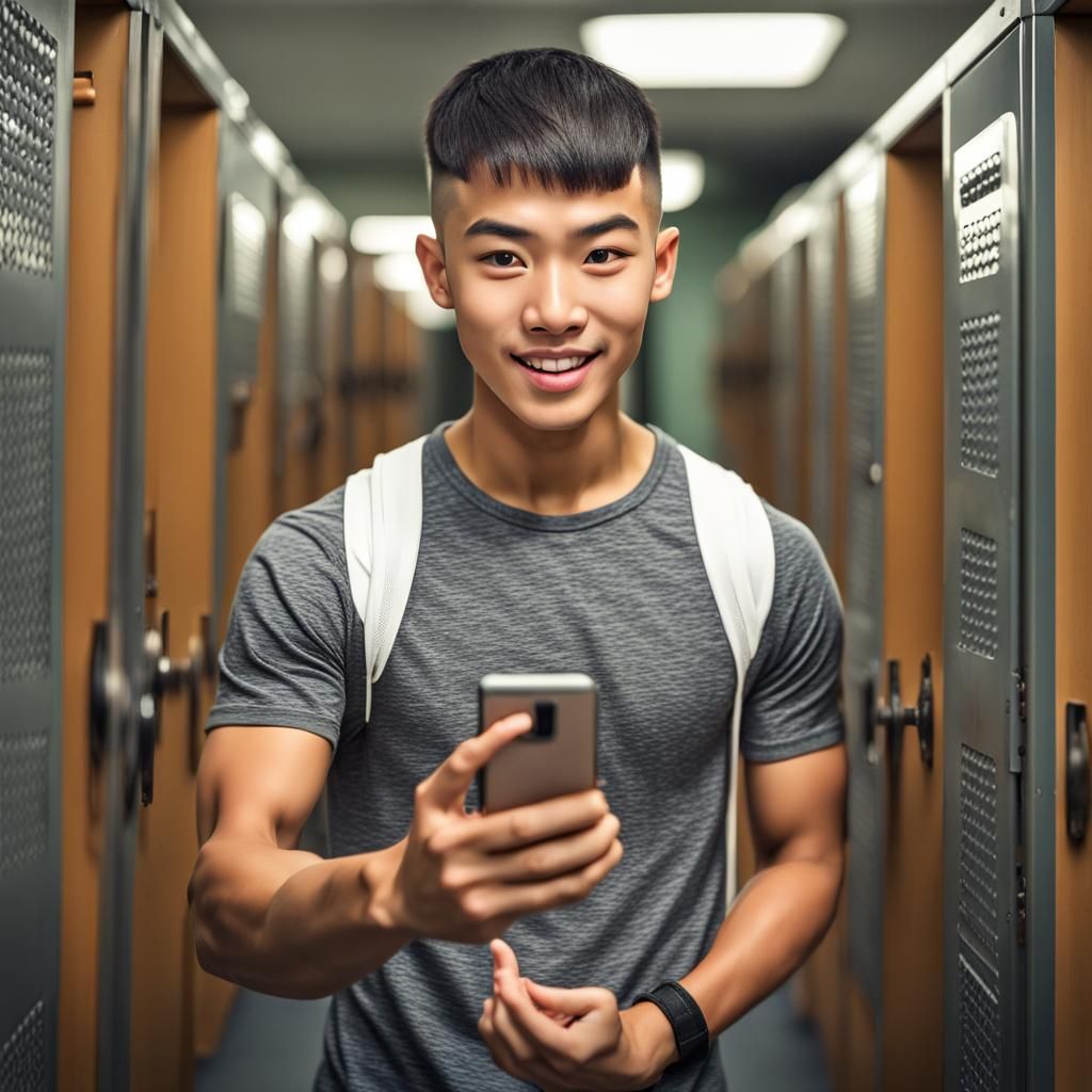 Asian fitness teen boy, taking mirror selfie in a gym locker room.