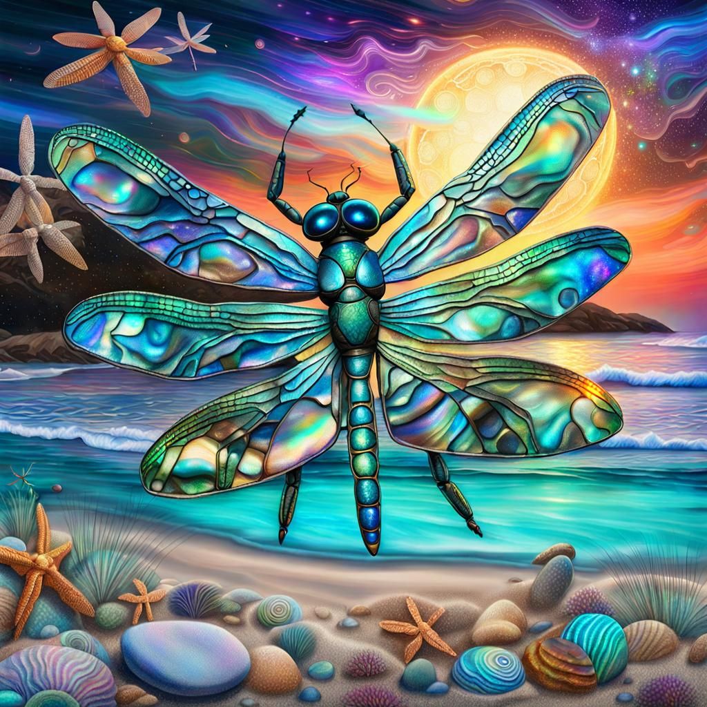Astral Dragonfly on Beach in Mixed Media Illustration