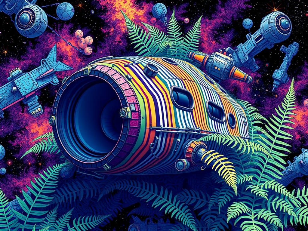 Vibrant Geometric Gingham Spaceship in Neon Hues