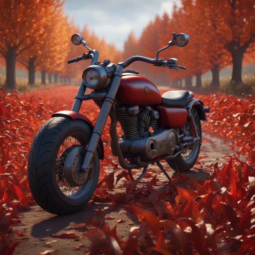 Motorcycle Rides Through Autumn Farm in Fantasy Art