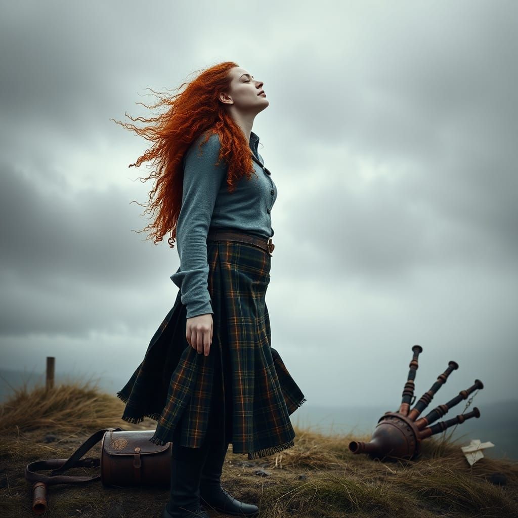 Woman in Muted Earth Tones Embracing the Wind on a Windswept...