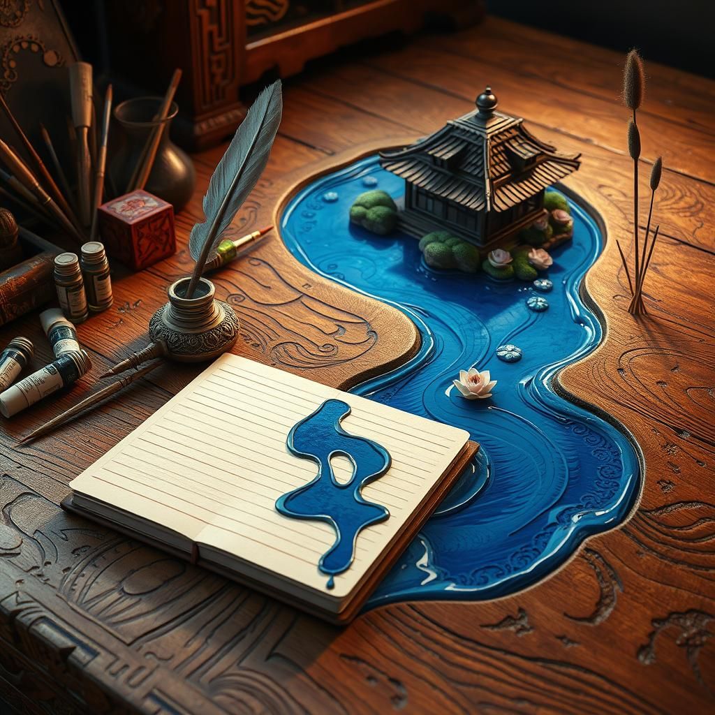 Fantasy Writer's Desk with Ink River, 3D Impressionist Art