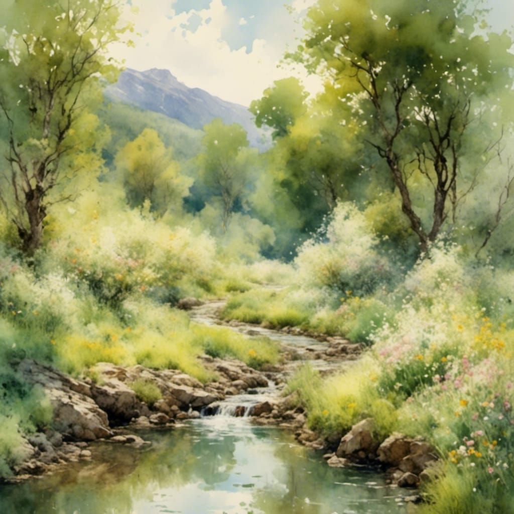 Impressionist Valley with Blossoms in Oil Paint