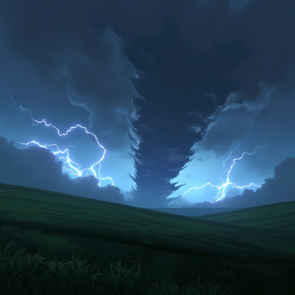 Dramatic Storm: Tornadoes Over Green Fields in Anime Style