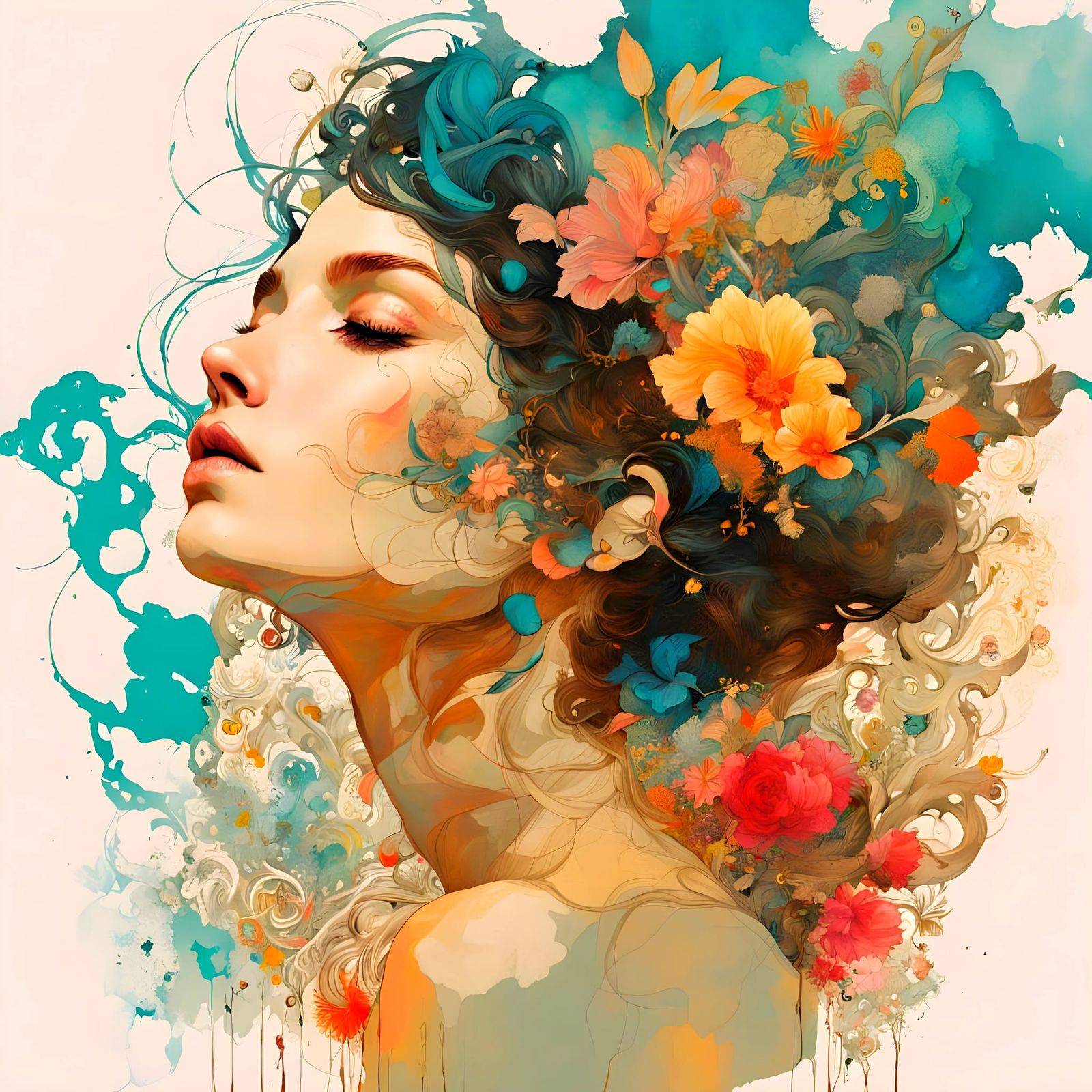 Woman with Flowers in Impasto Art Nouveau Style