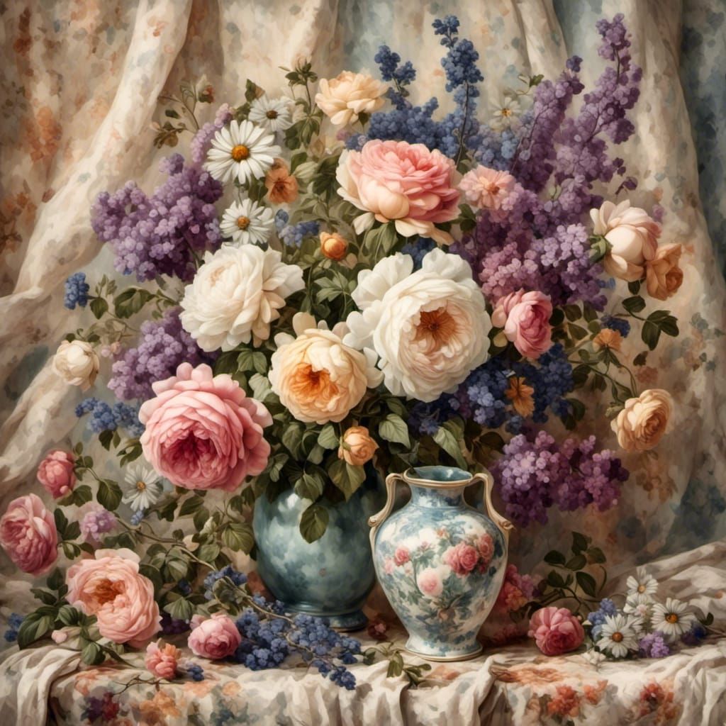 Vintage Vase with Roses and Lavender