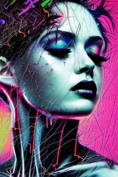 Neon Goth Princess Portrait with Roses and Stars