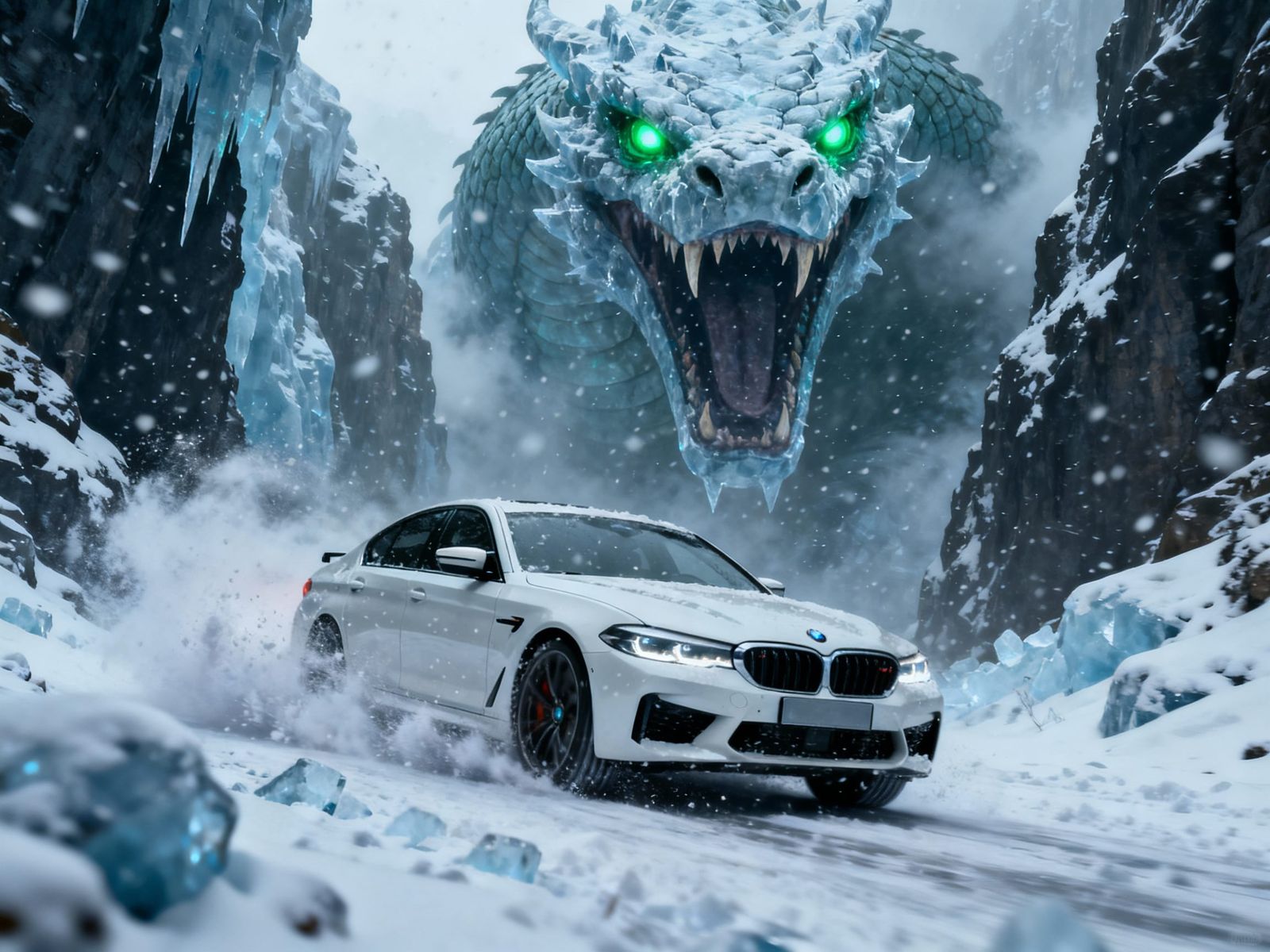 BMW M5 Drifts Past Ice Serpent in Snowy Canyon